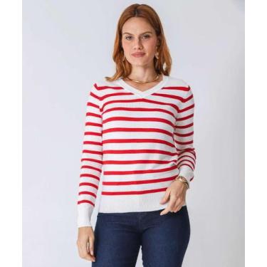 Imagem de Suéter Feminino Listrado Gola V Marisa Bege-52111, Bege, Vermelho, P