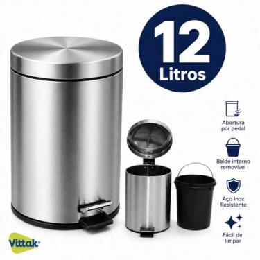 Imagem de Vittak Lixeira 12L Aço Inox Redonda com Balde para Banheiro, Cozinha e