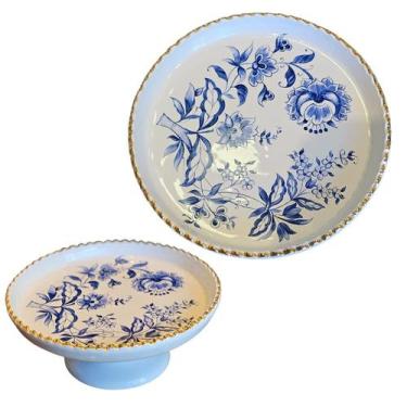Imagem de Prato Para Bolo Decorativo Rendado Floral Azul Ouro Luiz S. - Luiz Sal