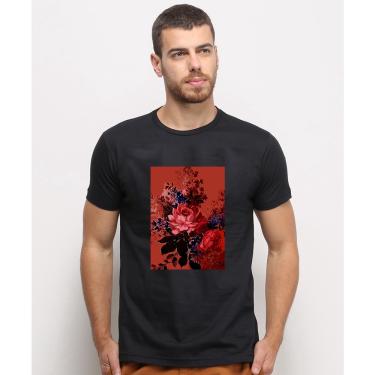 Imagem de Camiseta masculina Preta algodao Flores Floral Papel de Parede Arte