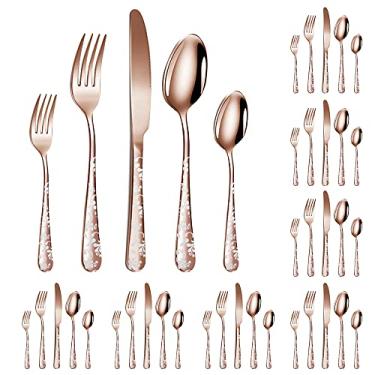 Imagem de Wemay Conjunto de talheres de aço inoxidável 40 peças conjunto de talheres polido espelho 8 facas 8 garfos 8 colheres 8 garfos de chá 8 colheres de chá com belo padrão de flores