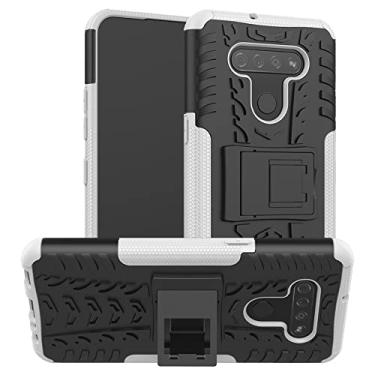 Imagem de Capa protetora de capa de telefone compatível com LG K51, TPU + PC Bumper híbrido capa robusta de grau militar, capa de telefone à prova de choque com bolsas de suporte mangas (cor: branco)
