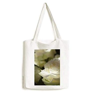 Imagem de Sacola de lona com rosas brancas escuras, tamanho grande, bolsa de compras, bolsa casual