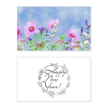 Imagem de Plano de fundo azul roxo flores rosa cartão felicitações Bless mensagem presente