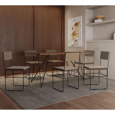 Imagem de Mesa Jantar Retangular Industrial 1,50X0,90M Amêndoa 6 Cadeiras Estofadas Bege E Preto - Marrom