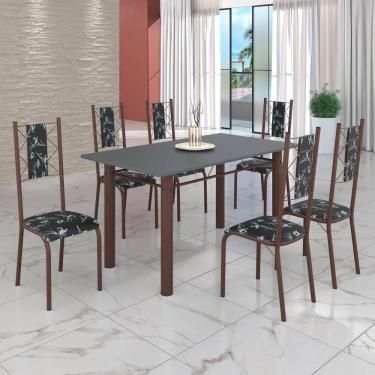 Imagem de Conjunto Sala de Jantar Bahia Mesa Tubo 140x75cm Tampo Pedra com 6 Cadeiras Preto Floral / Marrom