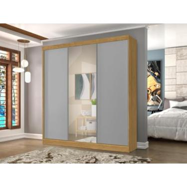 Imagem de Roupeiro/Armário/Guarda Roupas OM 2.25m Com Portas de Correr e Espelho na Porta Central Amplo Espaço Interno Com 4 Gavetas Cor Nature/Cinza