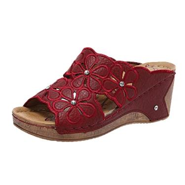 Imagem de Sandálias para mulheres elegantes verão senhoras moda verão flor oca couro bico aberto salto inclinação sola grossa sandálias (vermelho, 7,5)
