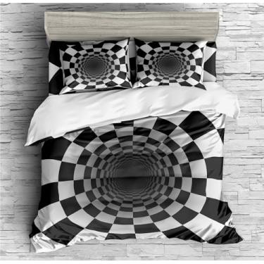 Imagem de Faeralei Conjunto de edredom com furo 3D em um saco, 7 peças, redemoinho retrô preto e branco, incluindo 1 lençol com elástico + 1 edredom + 4 fronhas + 1 lençol de cima (A, cama queen em uma bolsa -
