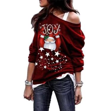 Imagem de Moletom de Natal com gola redonda de desenho animado respirável lavável criativo festa de férias fora do ombro camisa suéter tecido vermelho, Vermelho, GG
