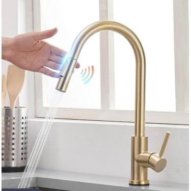 Imagem de Toque inteligente torneiras de cozinha guindaste para sensor misturador da pia água da cozinha girar toque sensor misturador água, 1005, ouro escovado