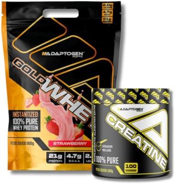 Imagem de Kit Gold Whey Concentrado 900g Refil Sabor: Strawberry (Morango) + Creatine (Creatina) 300g - Adaptogen | Whey Protein | Kit Whey + Creatina 300g | Creatina 100% Pure.