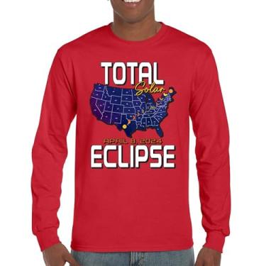 Imagem de Camiseta de manga comprida com mapa do eclipse solar total apenas com óculos de eclipse 8 de abril de 2024 festa astronomia sol lua, Vermelho, 3G