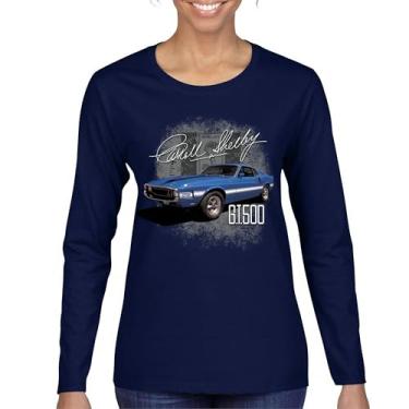 Imagem de Camiseta feminina de manga longa Cobra Shelby azul vintage GT500 American Racing Mustang Muscle Car Performance Powered by Ford, Azul marinho, M