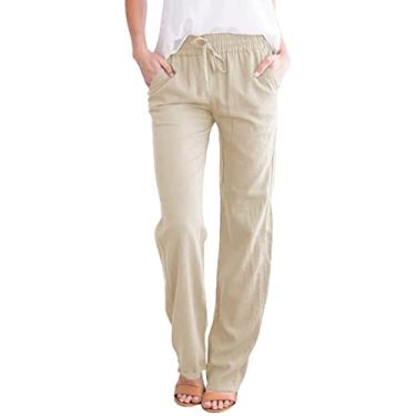 Imagem de Elogoog Calça feminina casual solta de perna larga, calça social moderna de cintura alta, calça casual de outono com bolso, 6a2-bege, M