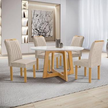 Imagem de Conjunto Mesa Arizona 120cm com 4 Cadeiras Arizona Tampo Redondo Plus com Vidro Cinamomo/Off White/Bege
