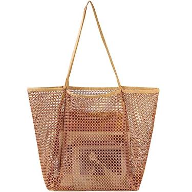 Imagem de Tavaleu Bolsa de praia de malha, bolsas de praia para mulheres, sacola de praia de palha de tecido impermeável com bolso interno, bolsa de praia embalável, Caqui, One Size