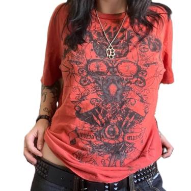Imagem de Camiseta feminina Y2K Fairy Grunge manga curta grande camiseta gráfica estética vintage gótica harajuku punk blusa larga, E-retro vermelho, P