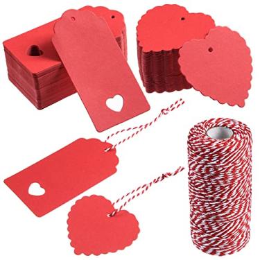 Imagem de 360 etiquetas de presente de dia dos namorados, etiquetas de papel kraft de coração tema de dia dos namorados, etiquetas de nome penduradas com cordão para dia dos namorados, casamento, festa de aniversário, embrulho, suprimentos "faça você mesmo" (vermelho)