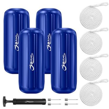 Imagem de OBAKL Pacote com 4 para-lamas para barco, 20 x 50 cm, com orifício central canelado, para-lamas para ancoragem, vem com cordas e bomba para inflar (azul)