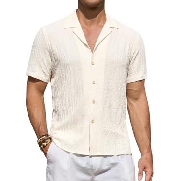 Imagem de DEMEANOR Camisa masculina de linho de manga curta para homens camisa casual de botão camisa de verão praia havaiana para homens, Creme, GG