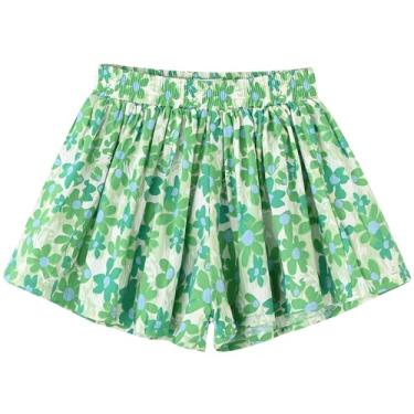 Imagem de Short feminino floral plissado tipo saia saia larga saia rodada roupas de verão para crianças 2-9 anos, Flor verde, 5T