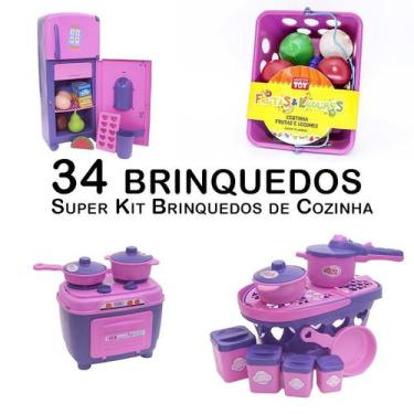Imagem de Kit Cozinha Infantil Geladeira Mercado Fogão Panela 34Pç - Zuca Toys