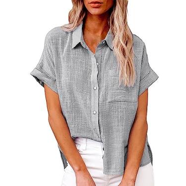 Imagem de Camiseta feminina de verão, de linho, manga curta, cor sólida, caimento solto, gola V, botão, túnica, Cinza, 3G