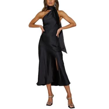 Imagem de Vestido de cetim de verão feminino Elegante gola de lenço sem mangas Cocktail Party Maxi Dresses Sexy Thigh Slit Formal Dress,Black,S