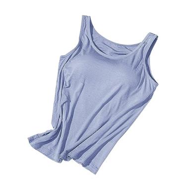 Imagem de Regatas femininas com sutiã embutido acolchoado alça larga camiseta verão básica lisa ioga atlética casual colete elástico, Azul, G