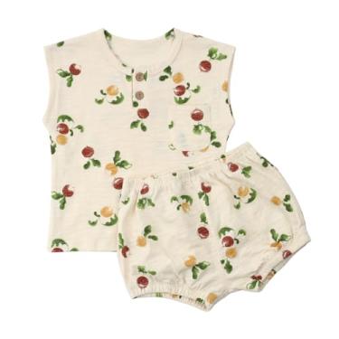 Imagem de HOOLCHEAN Conjunto de camiseta e short sem mangas com estampa de algodão para bebês meninas ou meninos, Creme, 9-12 Meses