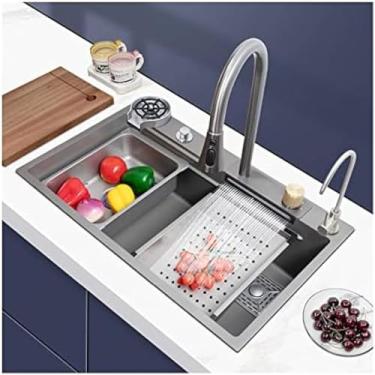 Imagem de Pia de cachoeira nano preta com lavadora de copo de vidro para estação de trabalho pia de cozinha casa de fazenda com torneira removível combo de aço inoxidável tigela única barra de utilidade para