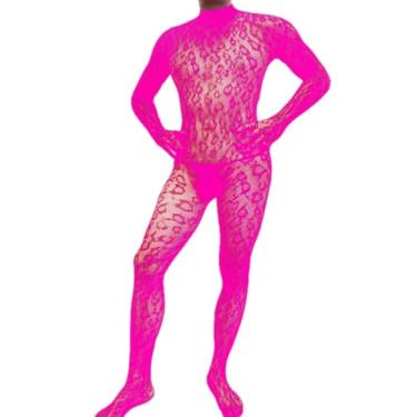Imagem de EHSUYAB Roupas Rave para homens, festa festiva, boate, leopardo, peça única, macacão inteiro de renda, lingerie sexy, body tamanho único, brilho rosa neon