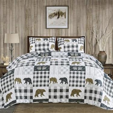 Imagem de Market & Place Colchas rústicas tamanho solteiro | Conjunto de edredom de cabine de 2 peças com capa | Roupa de cama reversível com urso para todas as estações | Coleção Orson (Twin, cinza/marrom)