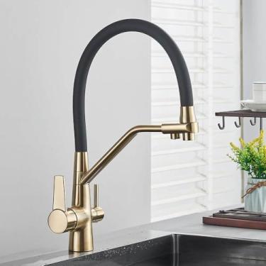 Imagem de Torneira de pia de cozinha, torneira, filtro de água pura, misturador, guindaste, alças duplas, purificação, torneira de cozinha quente e fria, ouro escovado B