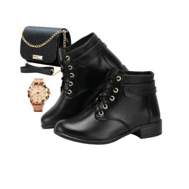 Imagem de Kit Presente Bota Feminina  Ajustes Em Cadarços Relogio e Bolsa - SAPA