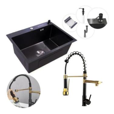 Imagem de Kit Cuba Pia Aço Inox Quadrada Gourmet E Torneira Flexível - Brinovar