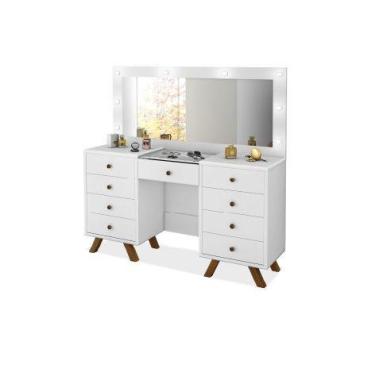 Imagem de Penteadeira Camarim Mila 9 gavetas led espelho pés de madeira Branco -