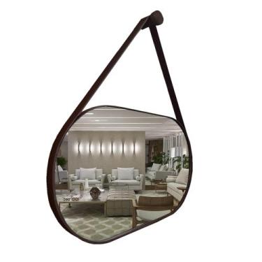Imagem de Espelho Oval Lavabo com Alça Horizontal Couro Decorativo - VSA, Café