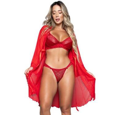 Imagem de Conjunto Lingerie Com Aro Sem bojo e Robe feminino Sexy em Renda e Tul