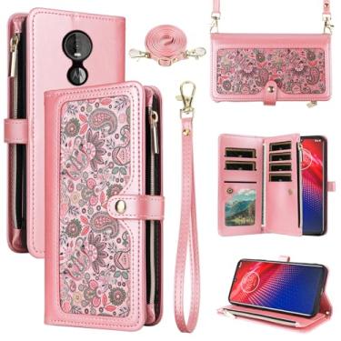 Imagem de Dswteny Capa carteira floral para Moto Z4/Moto Z 4 Play/MotoZ4 Force com alça de pulso alça de ombro flip suporte para cartão de crédito capa para celular Motorola 4Z Motoz4Play XT1980-4 2019 rosa