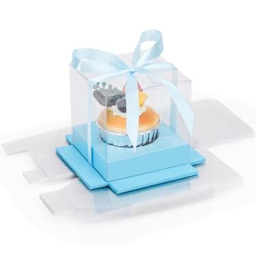 Imagem de EUSOAR Embalagens de plástico para cupcake, 12 unidades de recipientes altos individuais transparentes de 8,5 cm para bolo, suporte de cupcake transparente único com fitas e inserções para