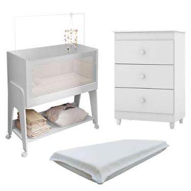 Imagem de Berço Bedside Amore 4 Em 1 Com Colchão e Comoda - Estrela, Branco