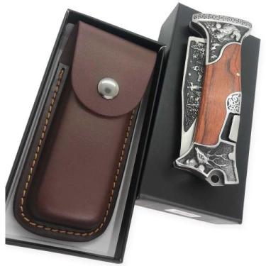 Imagem de Super Canivete Tático Inox Madeirado Com Bainha Couro marrom coleção -