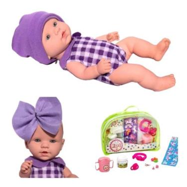 Imagem de Boneca Bebe Reborn pequena com Kit Passeio chocalho Fralda papinha ED1