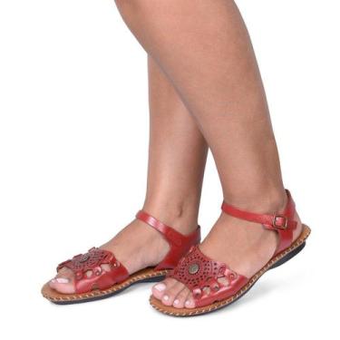 Imagem de Sandália Rasteira em Couro Vermelho - Flor d'couro, 37
