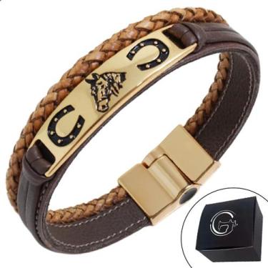 Imagem de Pulseira Country Bracelete Ferradura Cavalo Couro Fecho Imã - GRANADO 