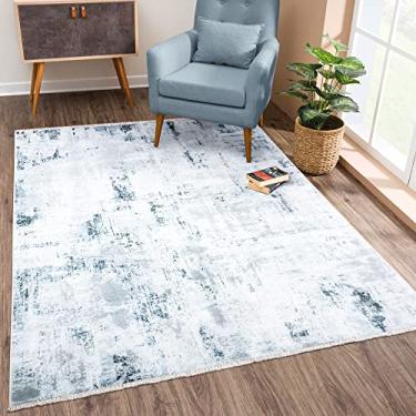 Imagem de Bloom Rugs Caria Tapete lavável antiderrapante 12 x 18 cm - Marfim/Prata/Azul Tapete abstrato moderno para sala de estar, quarto, sala de jantar e cozinha - Tamanho exato: 1,5 m x 18 m