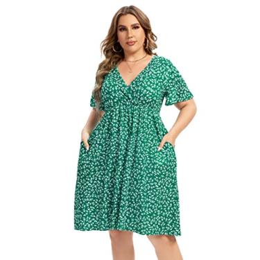 Imagem de KOJOOIN Vestido feminino plus size floral de verão, casual, gola V, evasê, com babados e cinto, Verde * kj, 4G