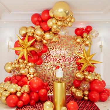 Imagem de 146PCS Red and Gold Balloon Garland Arch Kit, New Years Balloon Arch Kit 2025, Gold Exploding Star Foil Balloons for Happy New Year 2025, Birthday, New Year's Eve Party Decorations